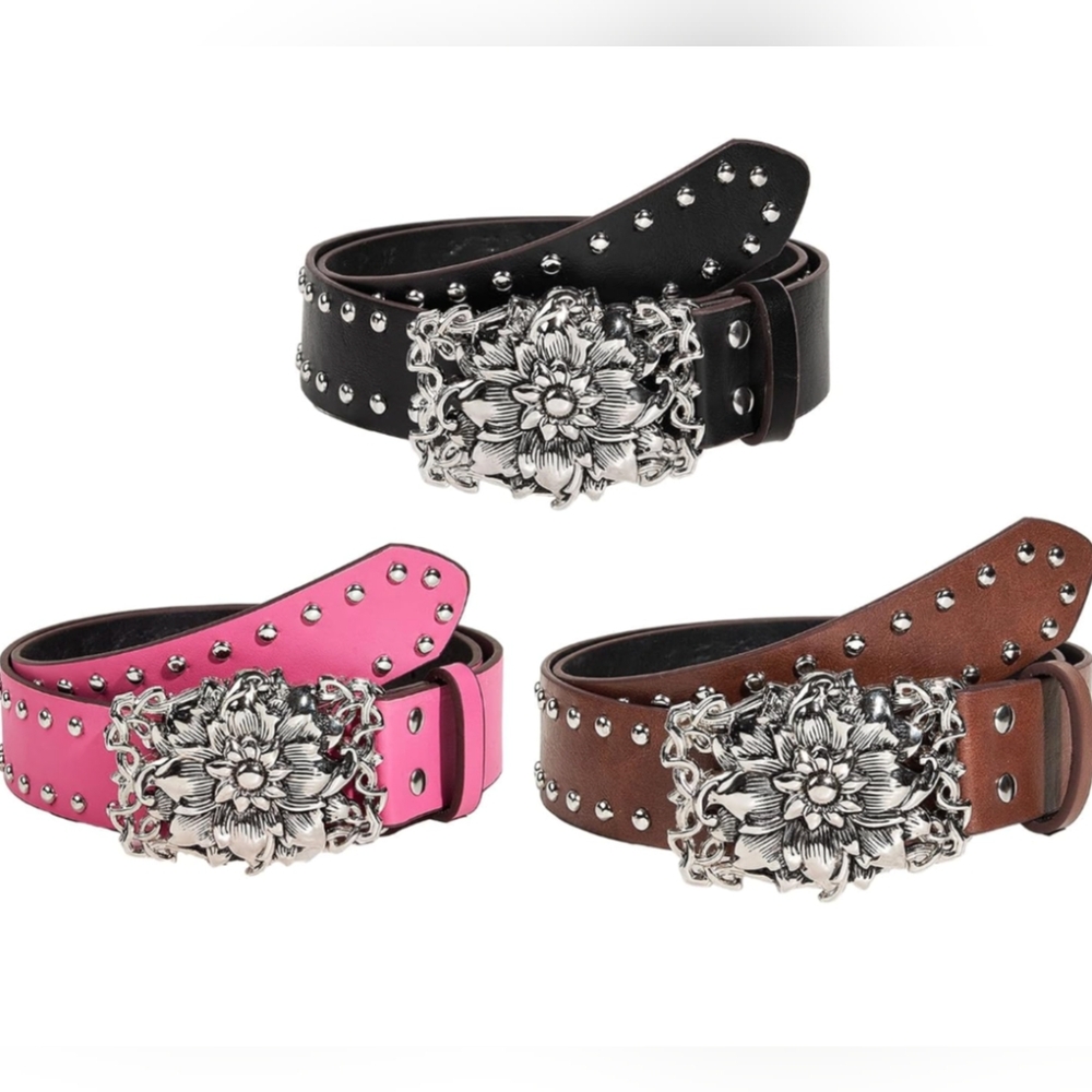 Western Belt Boho Barbie Pink Silvery Belt Buckle Floral Bohemian Style Belts - Picture 5 of 10